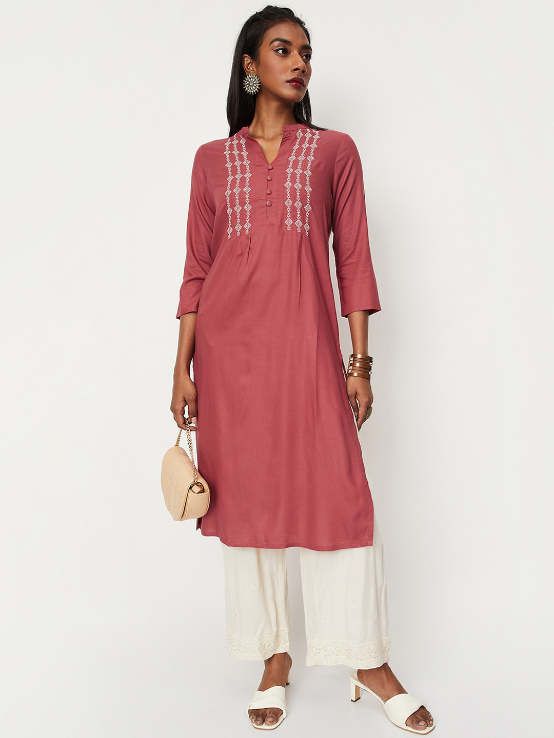 

max Ethnic Motif Embroidered Band Collar A-Line Kurta, Pink