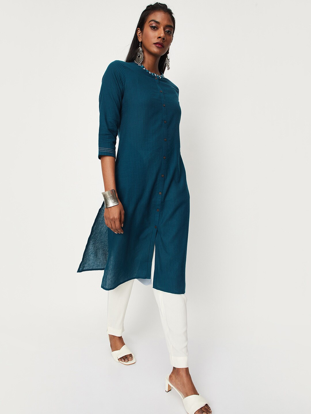 

max Thread Work Band Collar Cotton Kurta, Teal