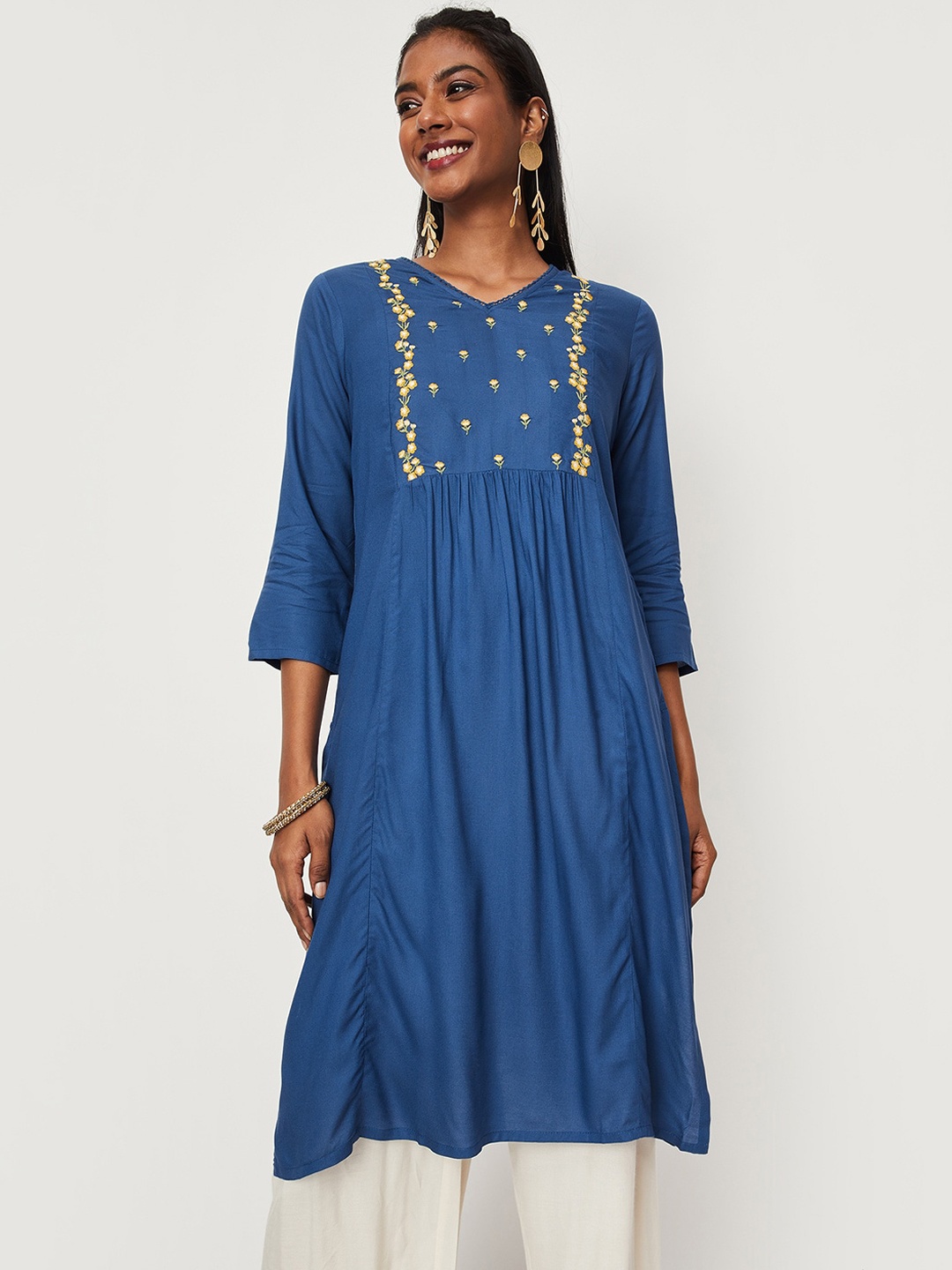 

max Floral Embroidered Yoke Design A-Line Kurta, Blue