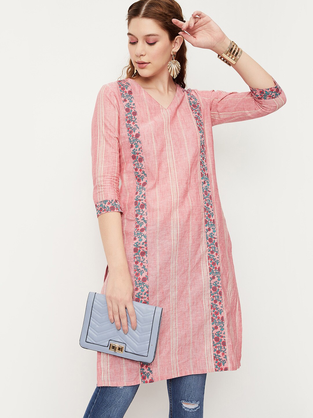 

max Floral Printed V Neck Cotton Kurta, Pink