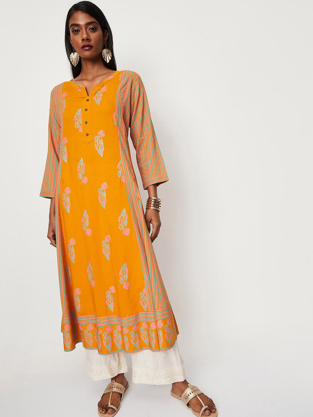 

max Ethnic Motifs Printed Notched Neck A-Line Kurta, Yellow