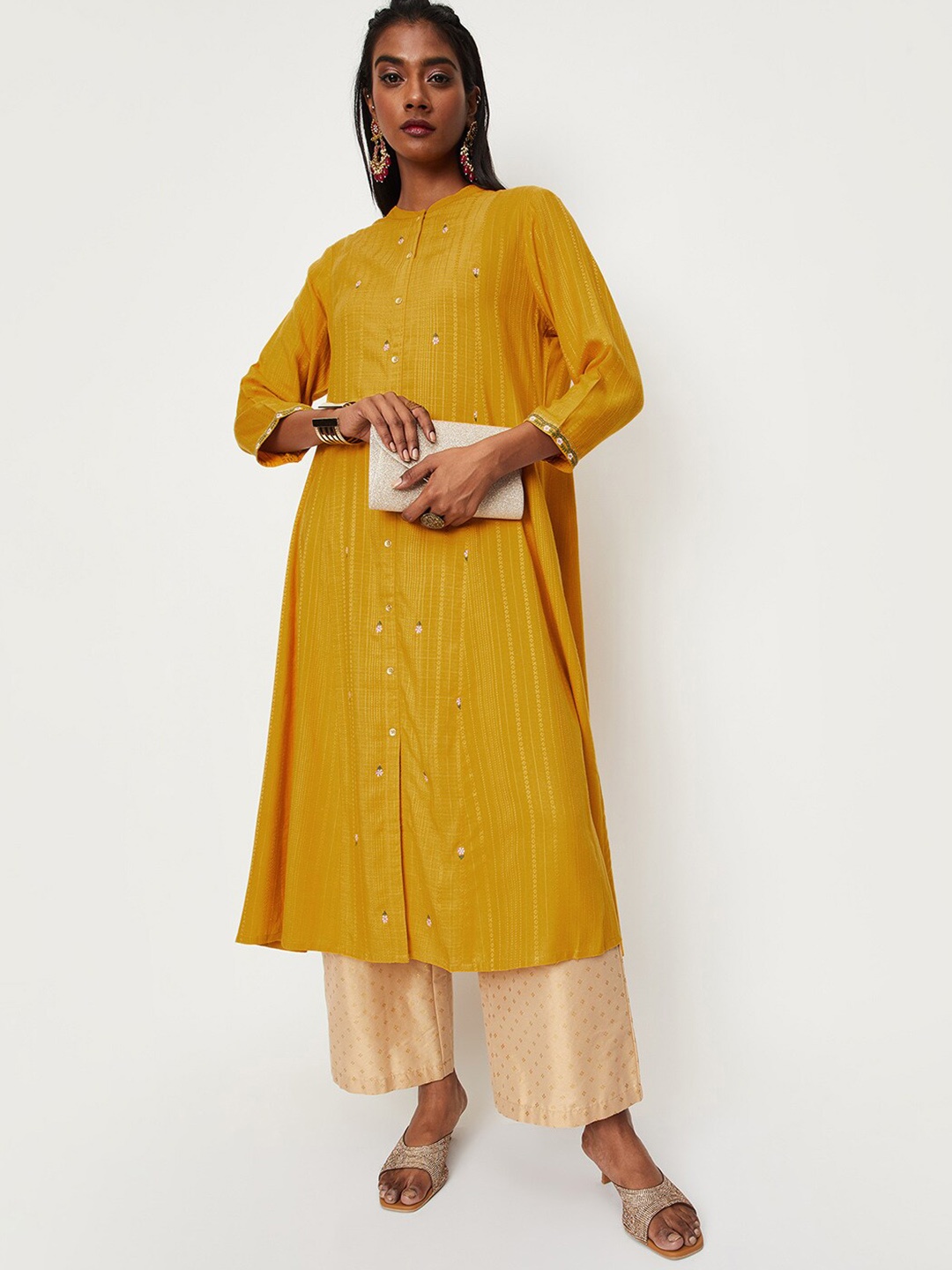 

max Striped Embroidered Regular A-Line Kurta, Mustard