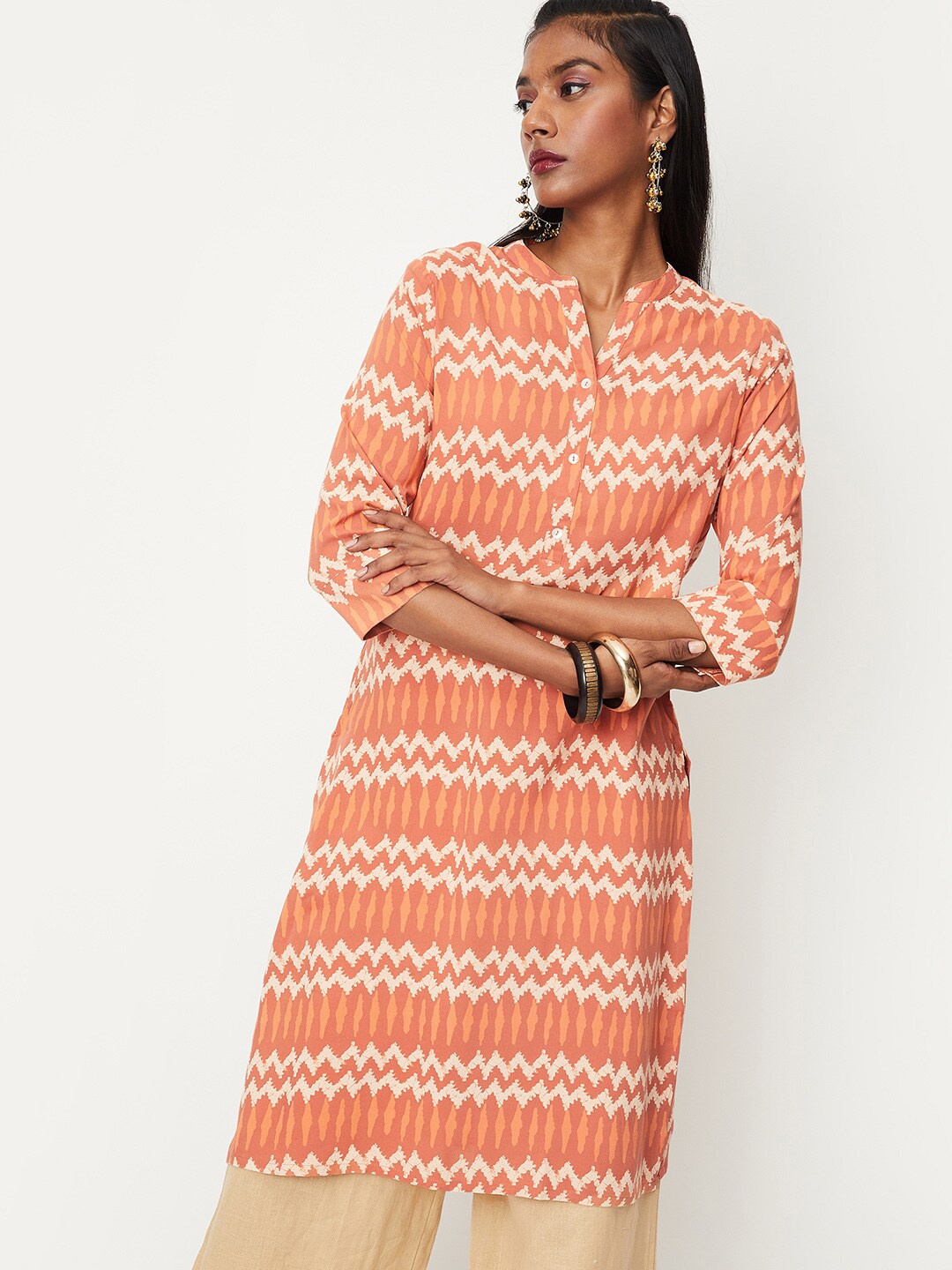 

max Ethnic Motifs Printed Band Collar Kurta, Peach