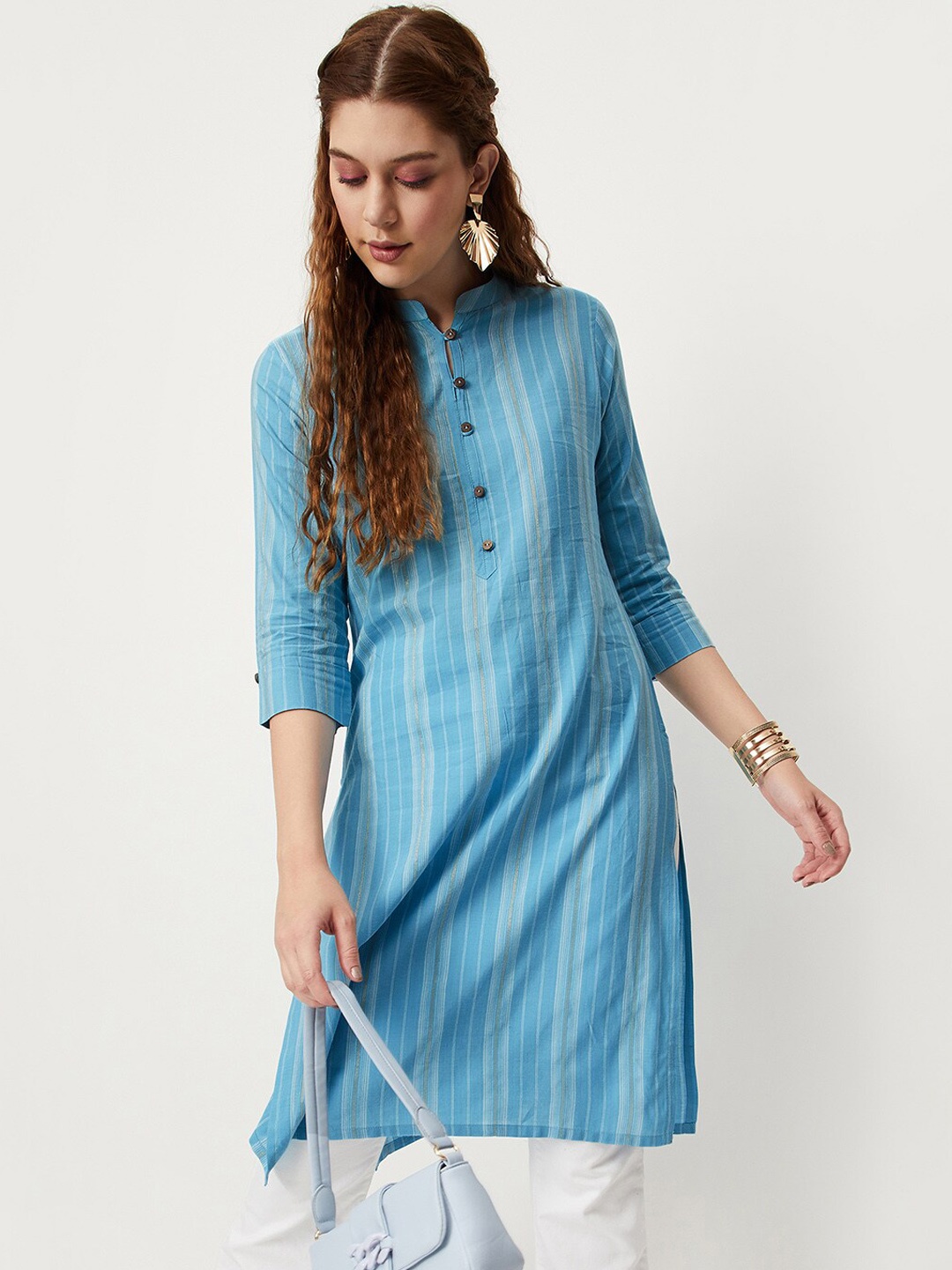 

max Striped Mandarin Collar Straight Kurta, Blue