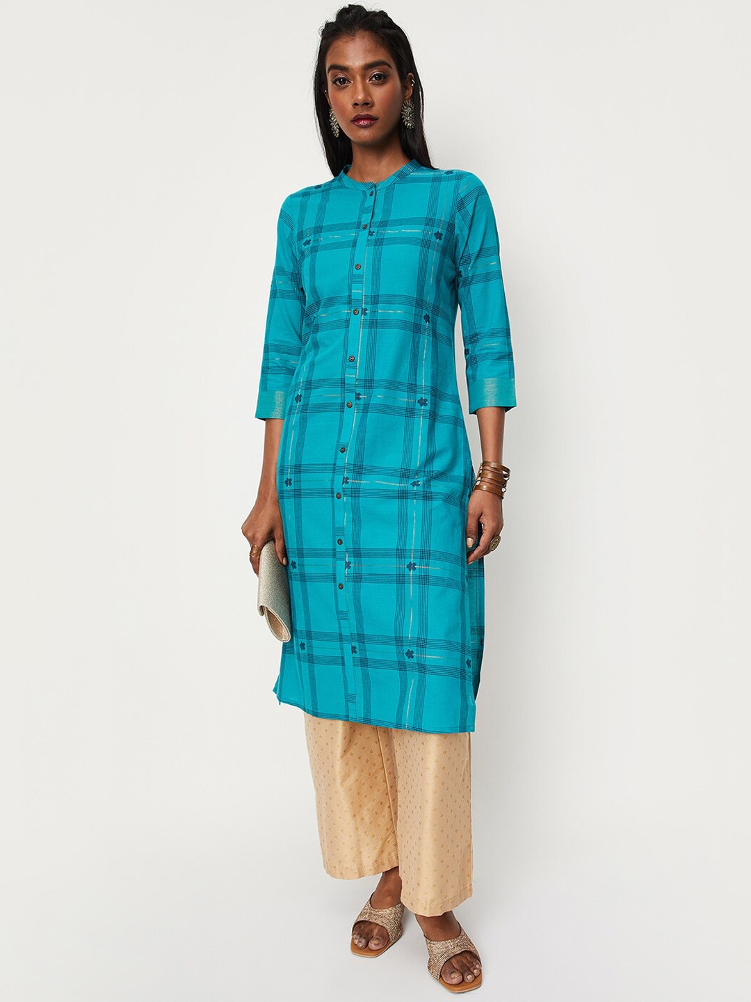 

max Checked Band Collar Zari Cotton Kurta, Blue