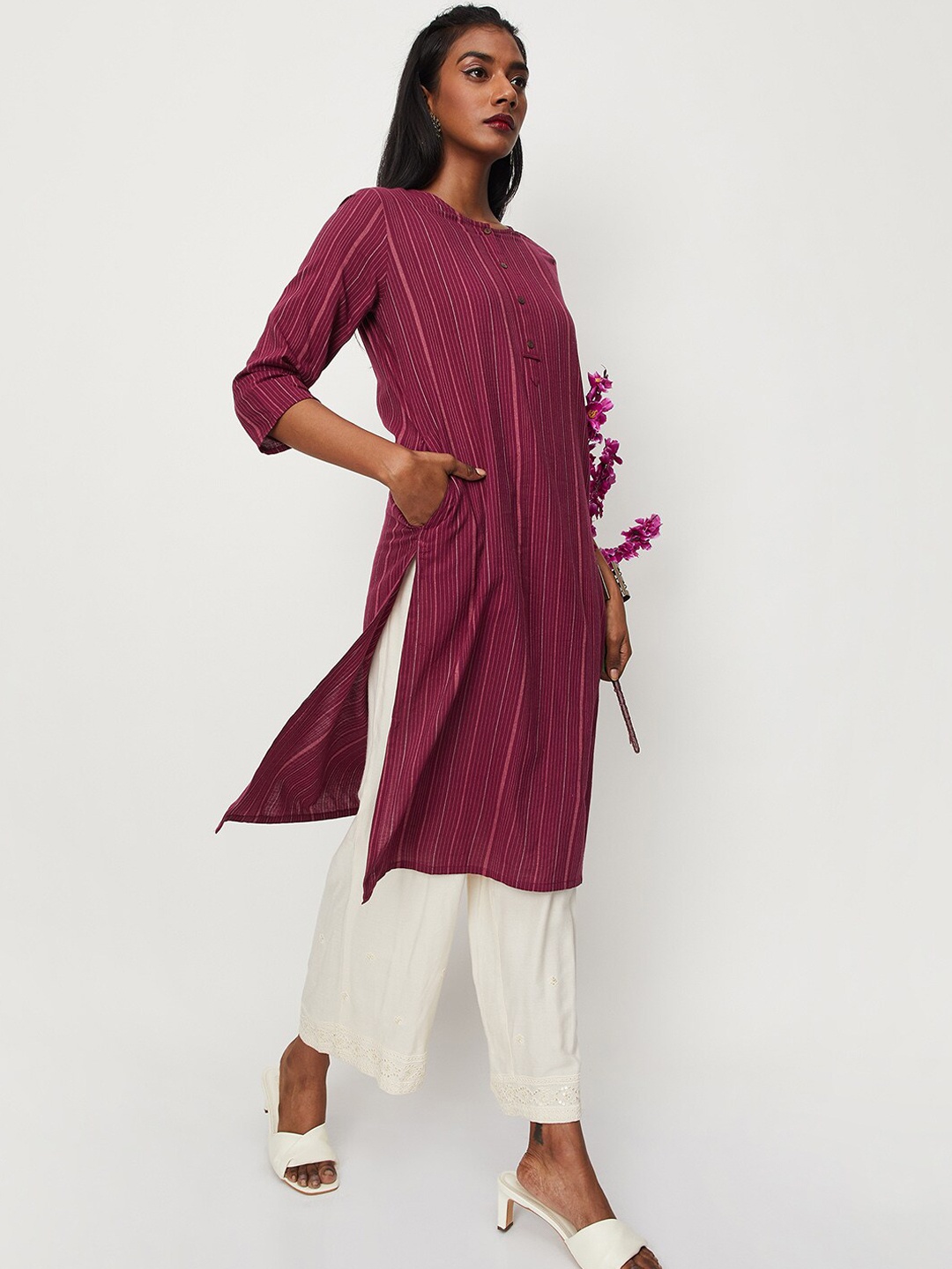 

max Striped Round Neck Pure Cotton Kurta, Pink