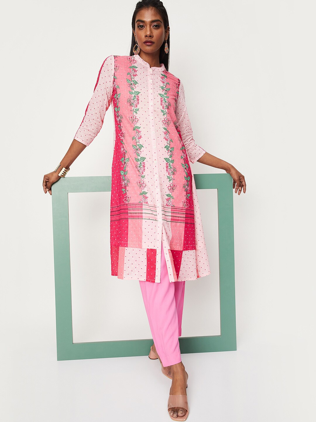 

max Floral Printed Mandarin Collar Georgette Kurta, Pink