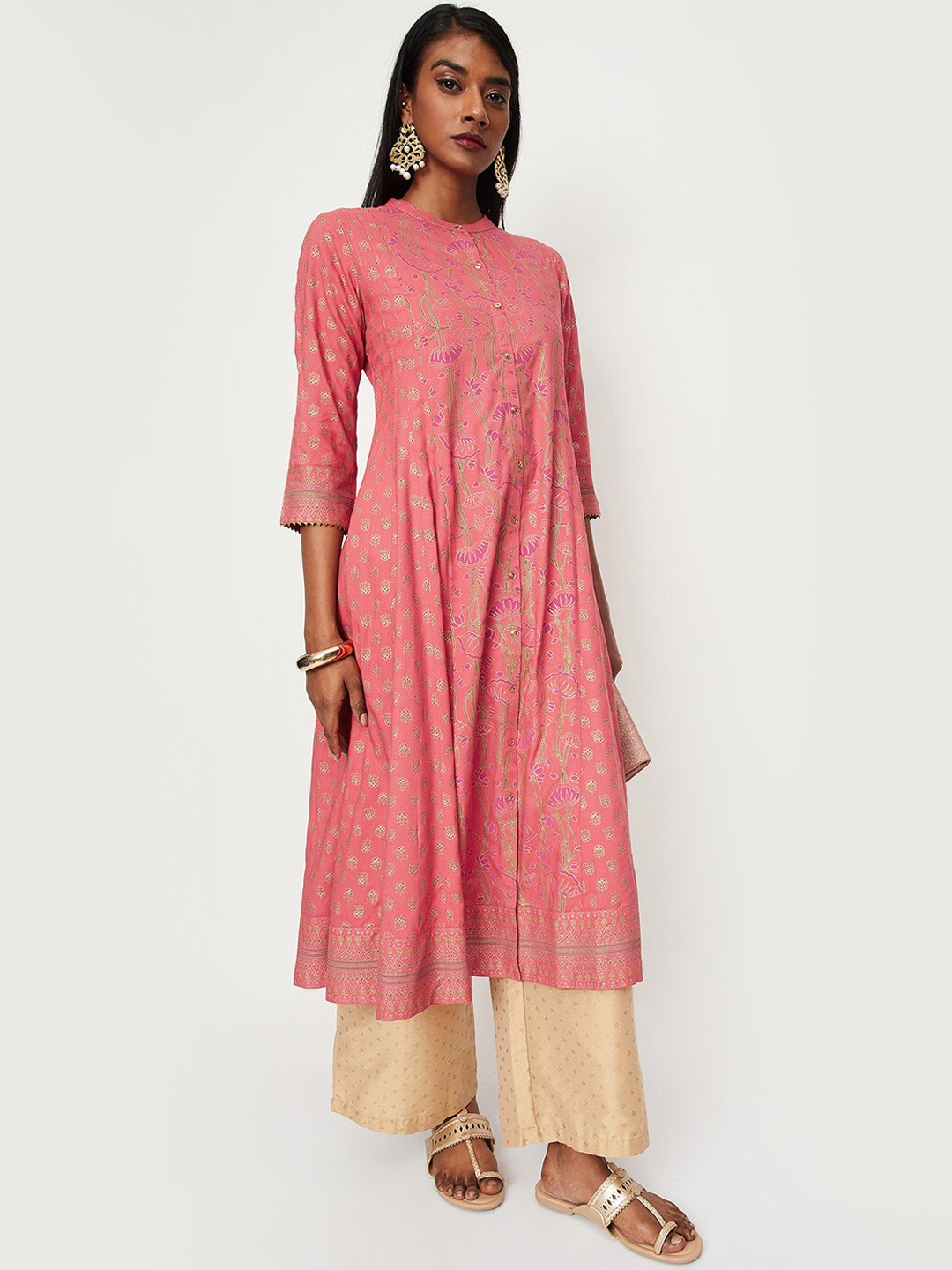 

max Floral Printed Band Collar Anarkali Kurta, Pink