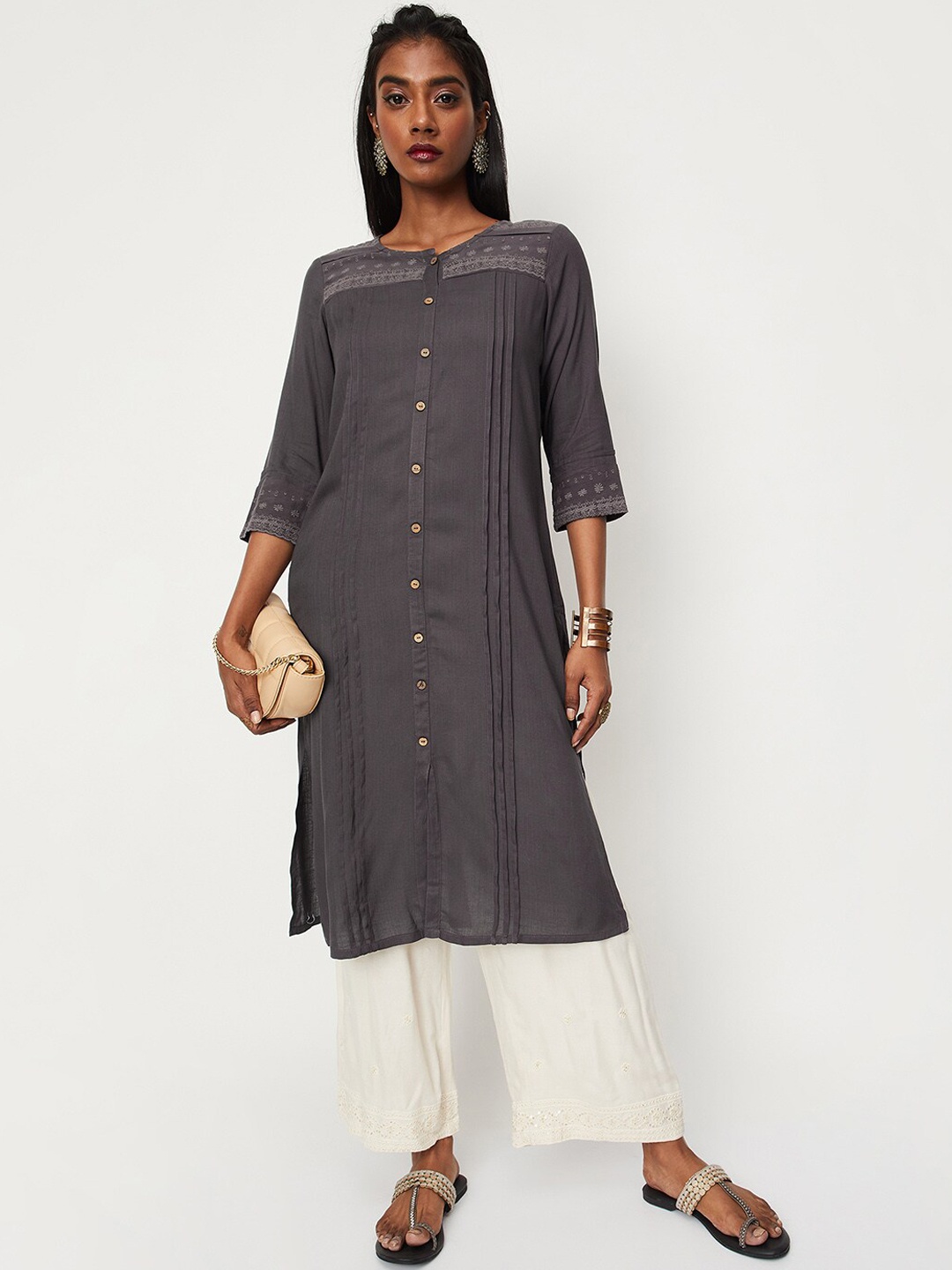 

max Ethnic Motifs Embroidered Thread Work Kurta, Grey