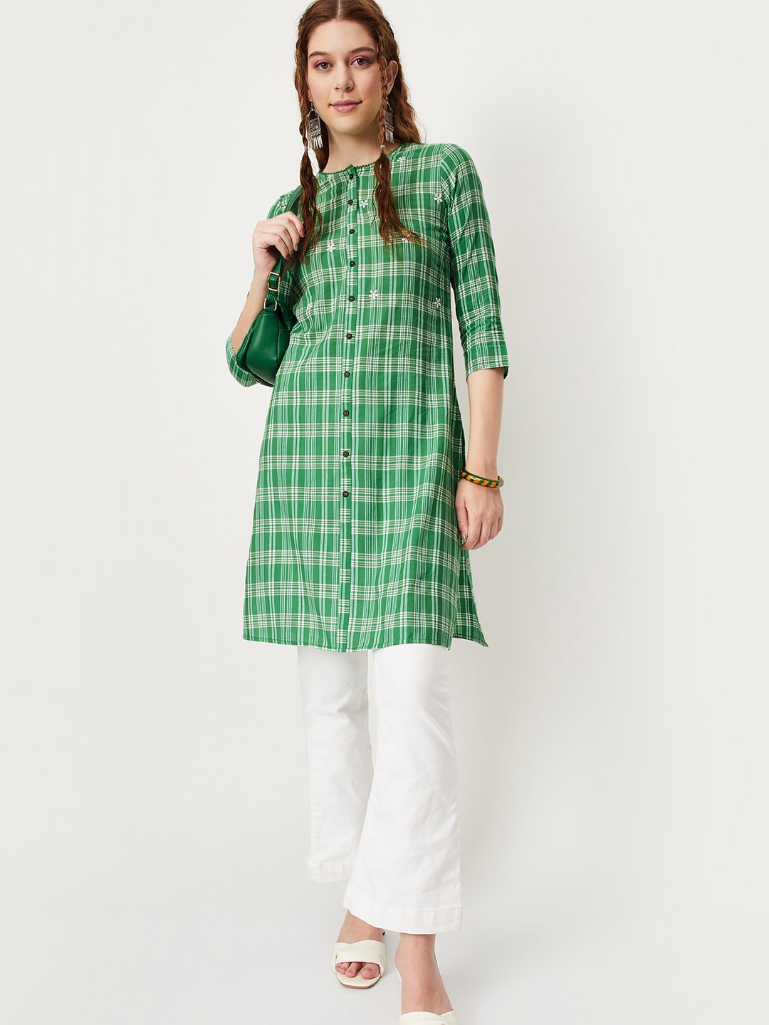 

max Checked Thread Work Cotton Kurta, Green
