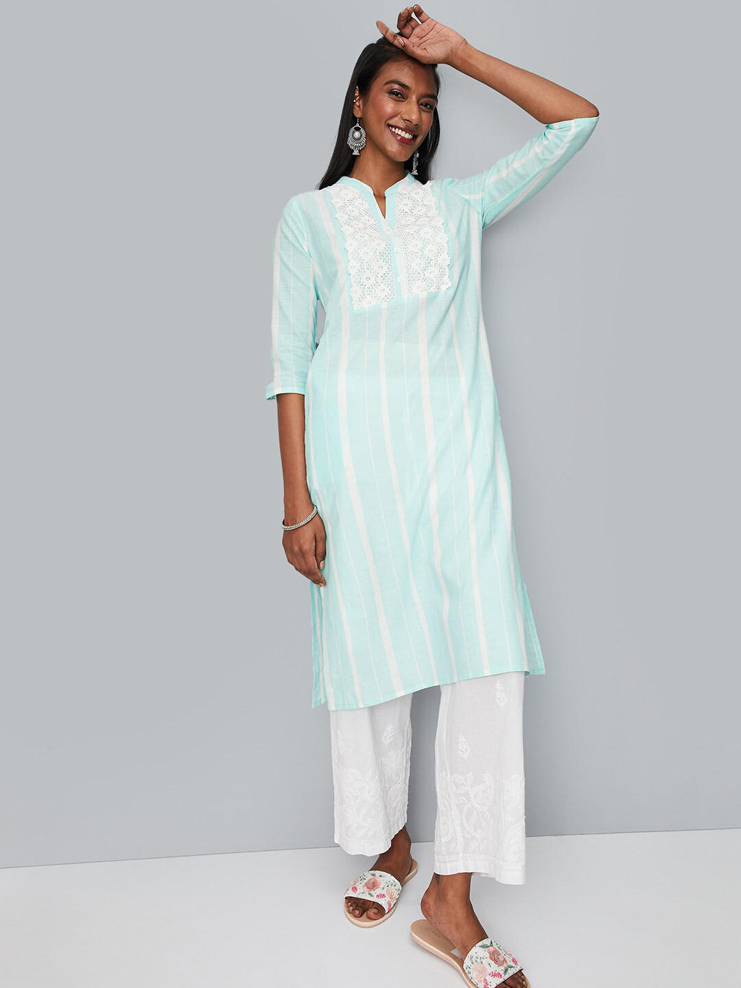 

max Striped Mandarin Collar Regular Pure Cotton Kurta, Blue