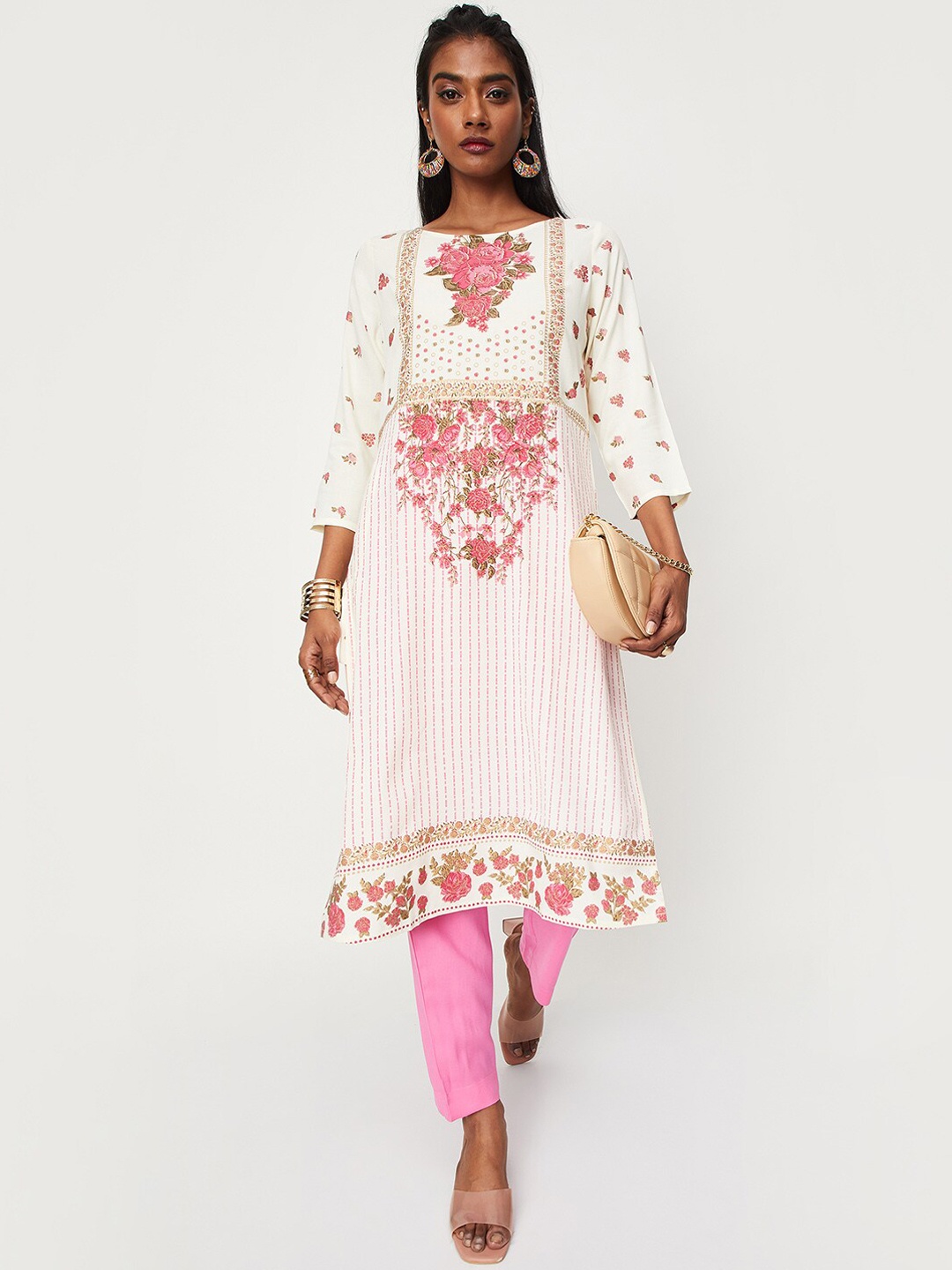 

max Floral Printed Round Neck Straight Kurta, Off white