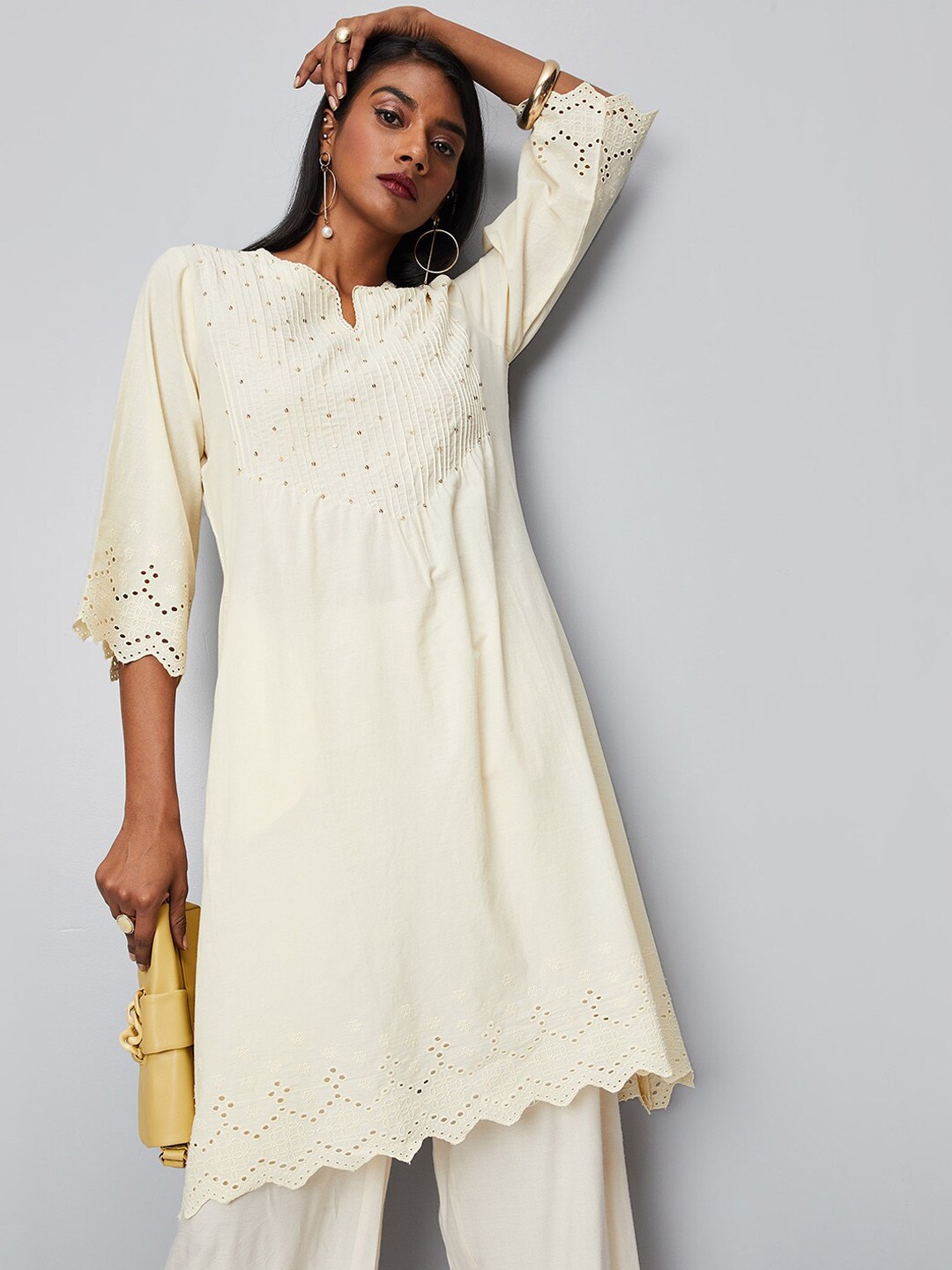 

max Embellished Sequinned Pure Cotton A-Line Kurta, Off white