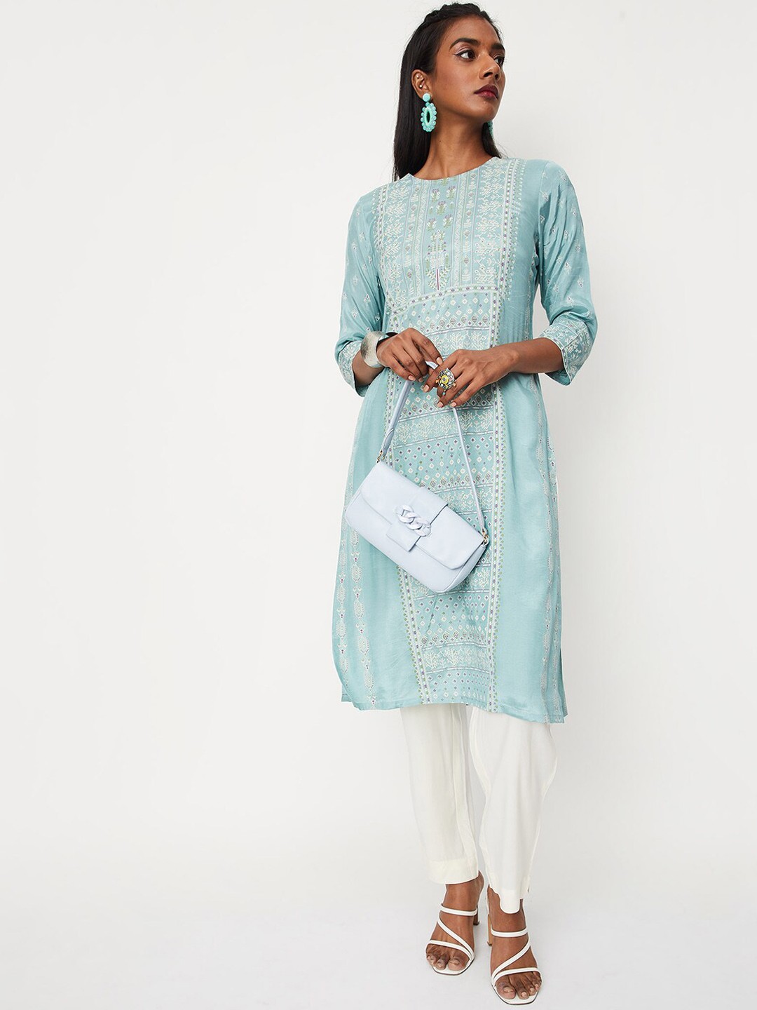 

max Ethnic Motif Printed Straight Kurta, Turquoise blue