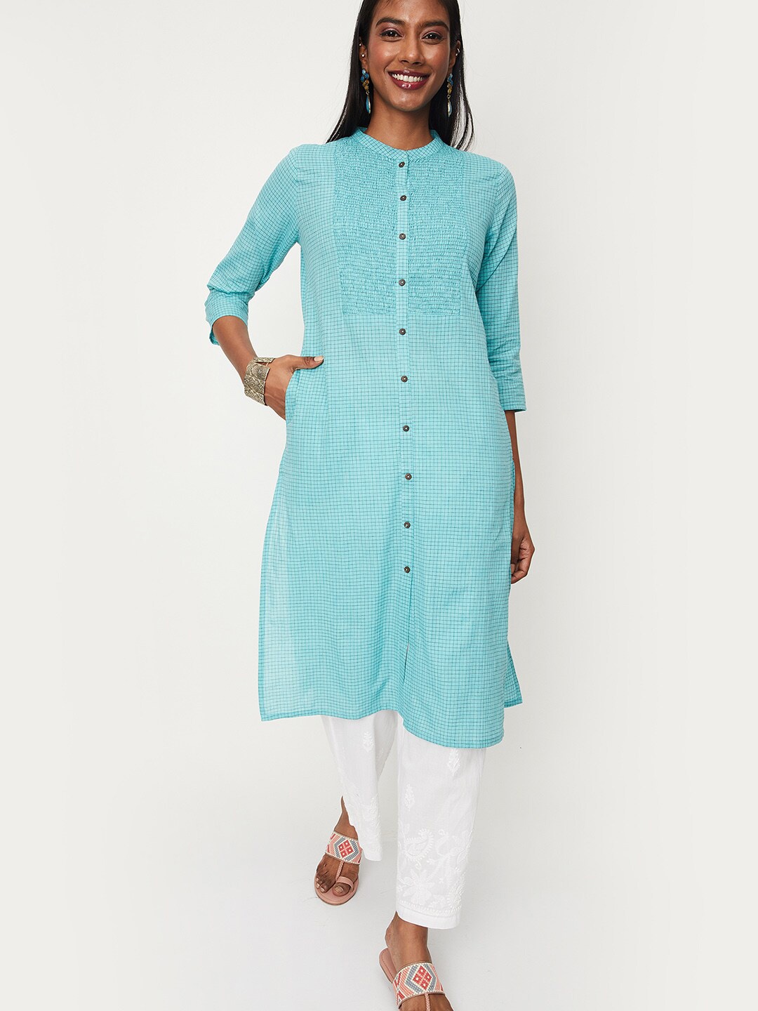 

max Checked Mandarin Collar Regular Cotton Kurta, Blue
