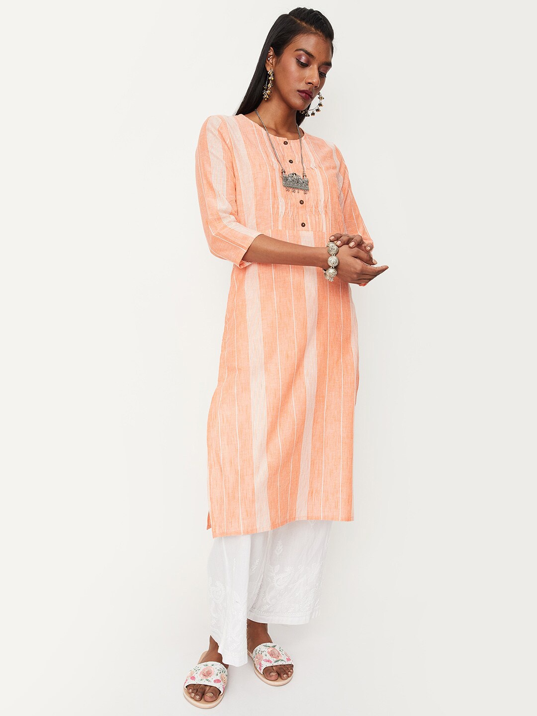 

max Striped Cotton Kurta, Orange