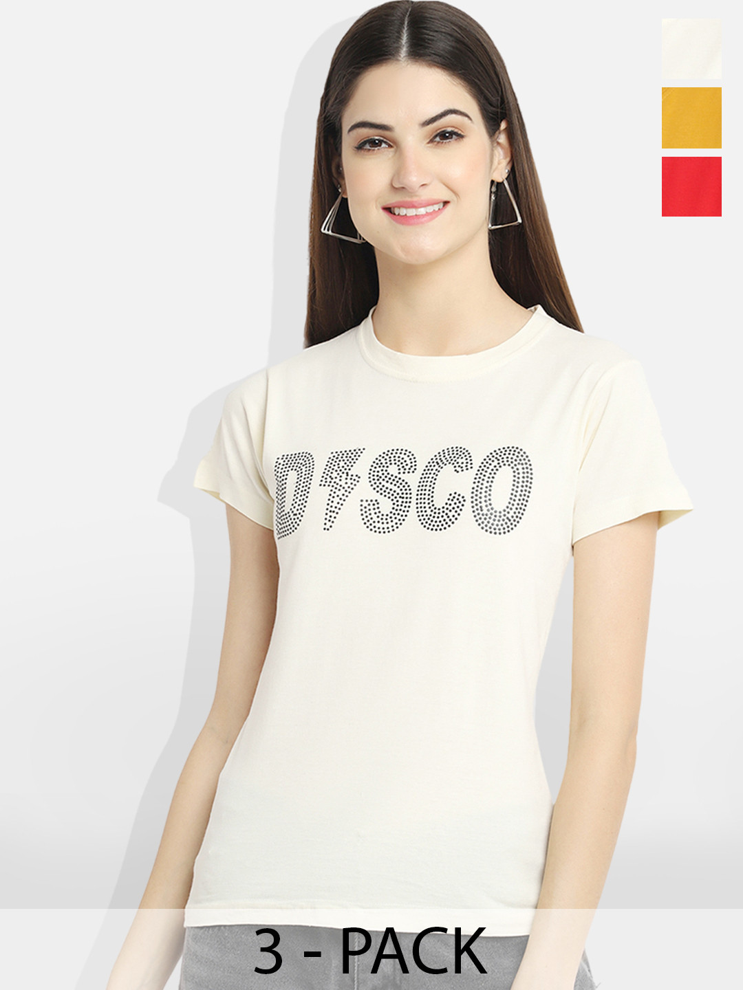 

Fabflee Women Multicoloured Typography 3 Applique T-shirt, Multi