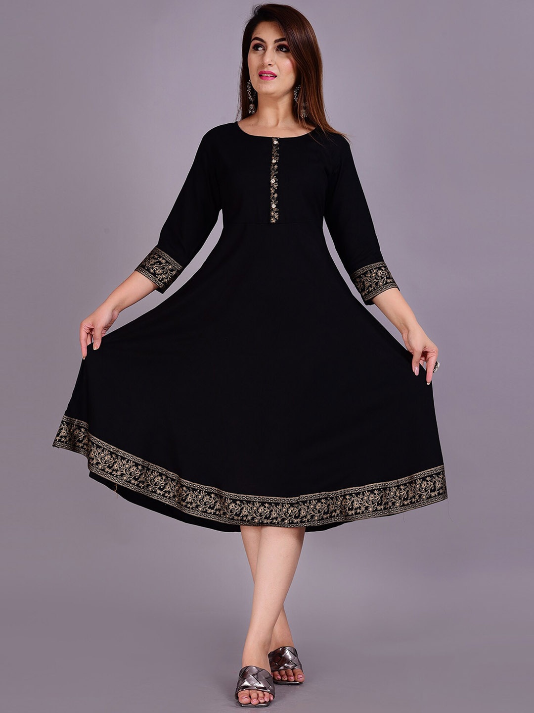 

SkyaSia Floral Printed High-Low A-Line Ethnic Dress, Black