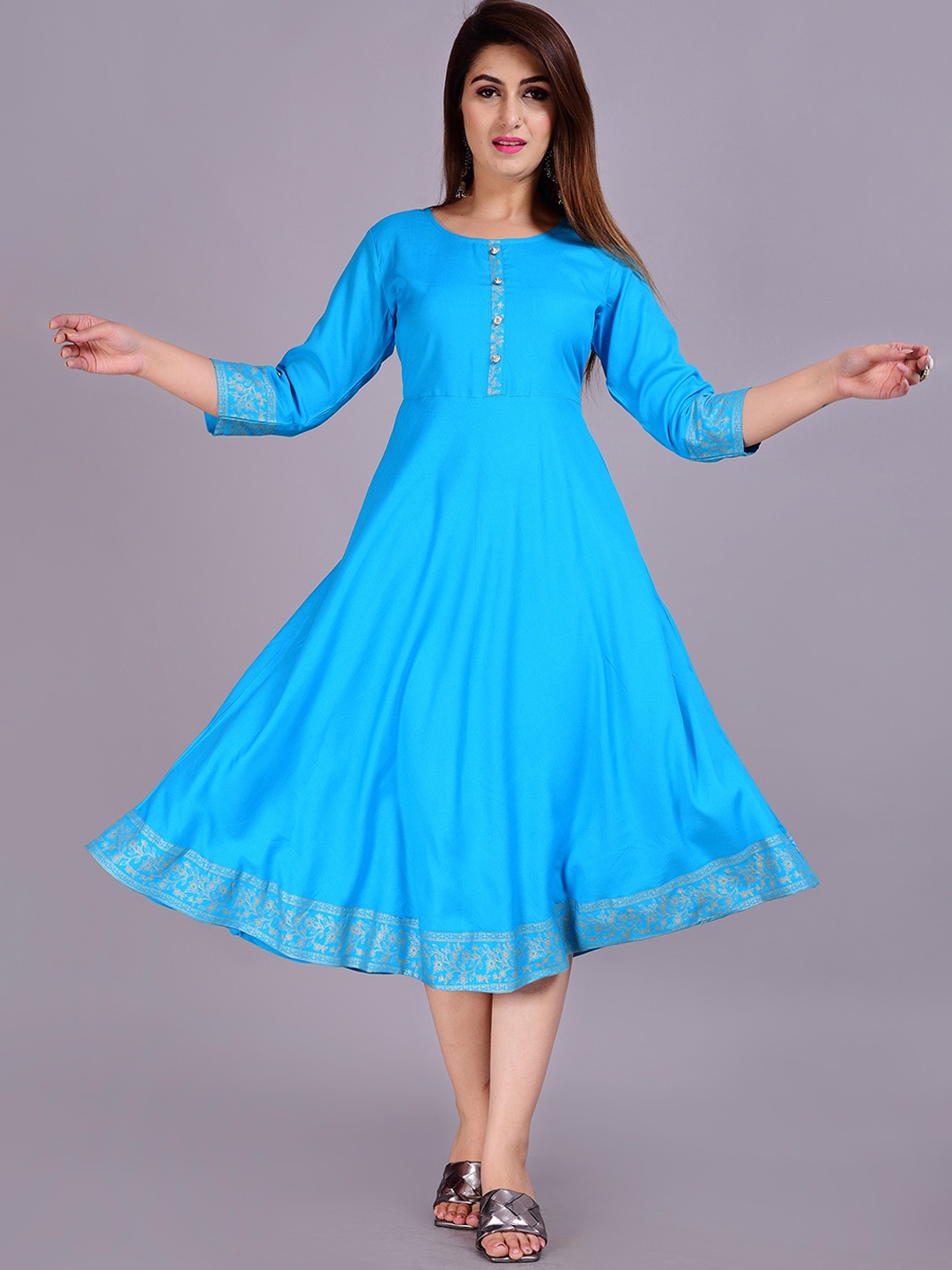 

SkyaSia Floral Printed Flared A-Line Ethnic Dress, Turquoise blue