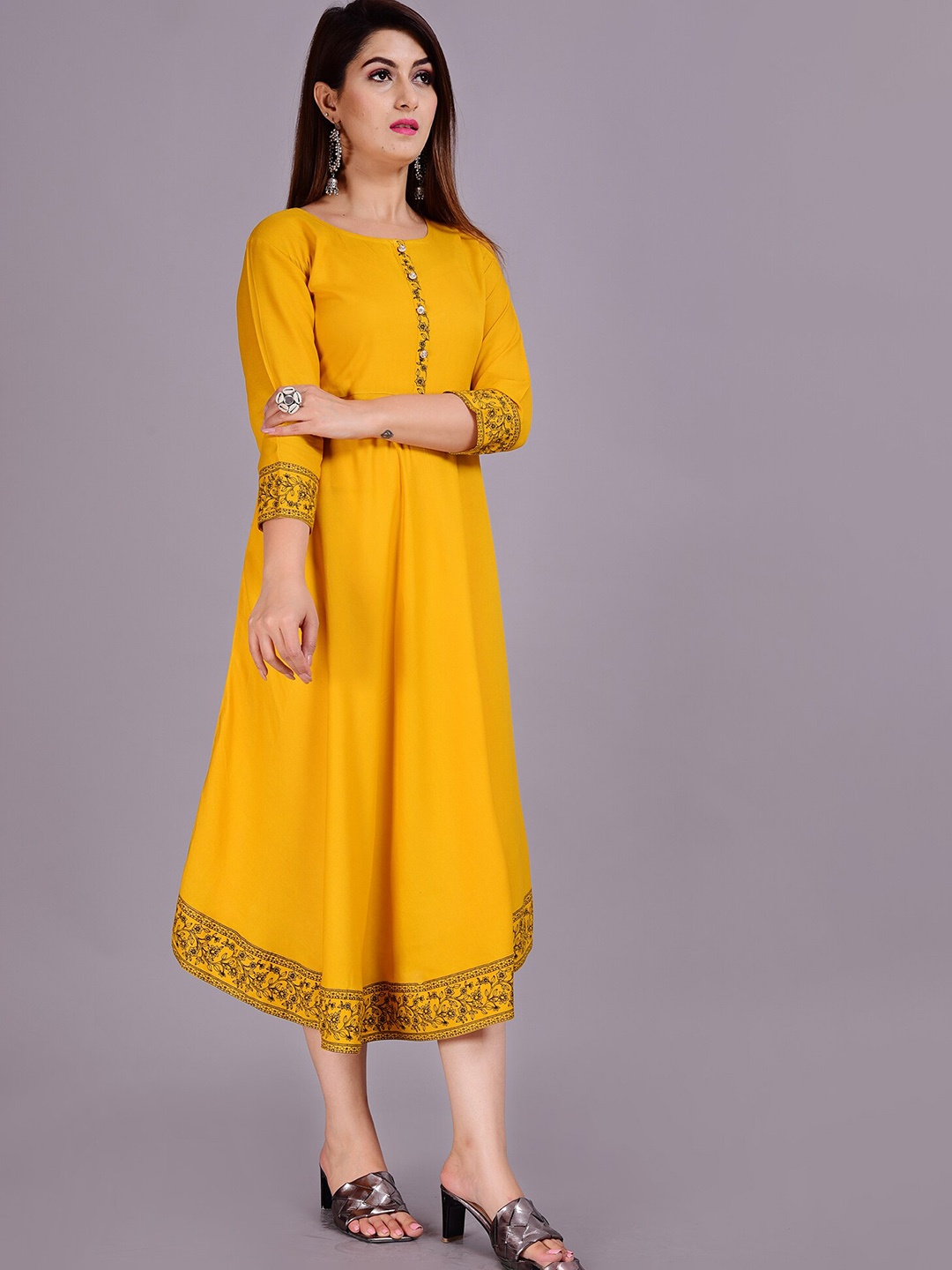 

SkyaSia Floral Printed High-Low A-Line Ethnic Dress, Mustard