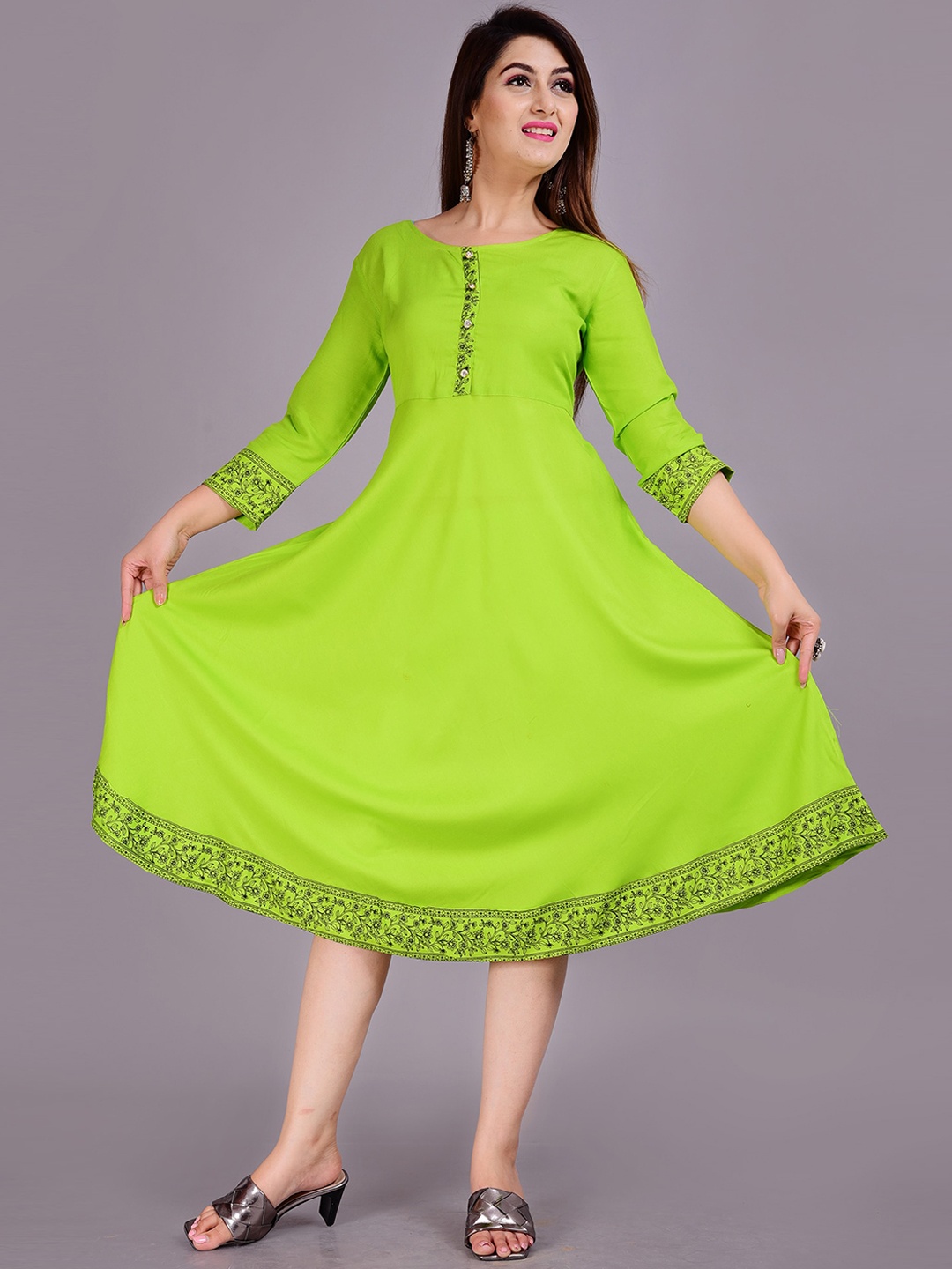 

SkyaSia Floral Printed High-Low A-Line Ethnic Dress, Lime green