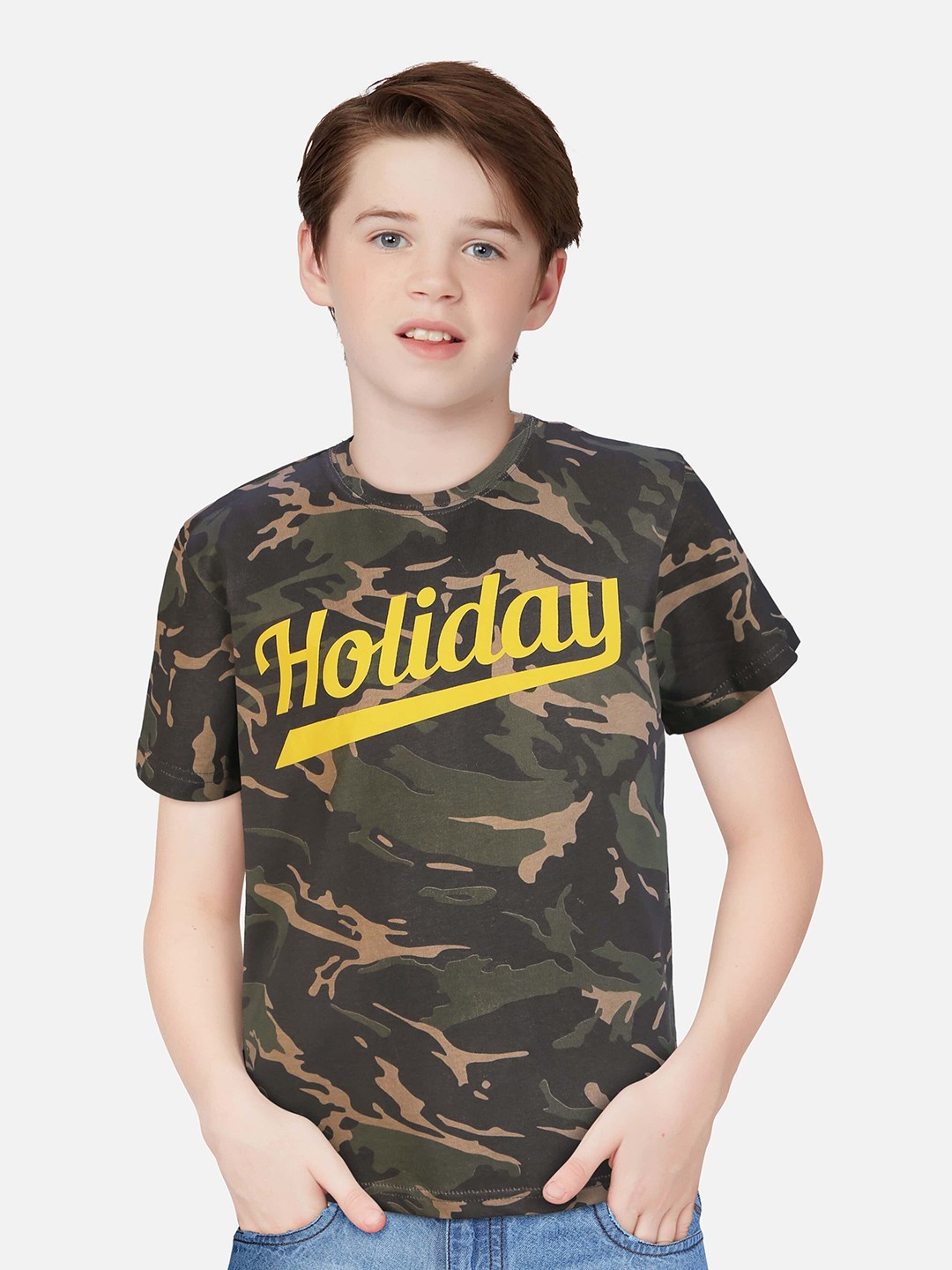 

Gini and Jony Boys Camouflage Printed Cotton T-Shirt, Olive