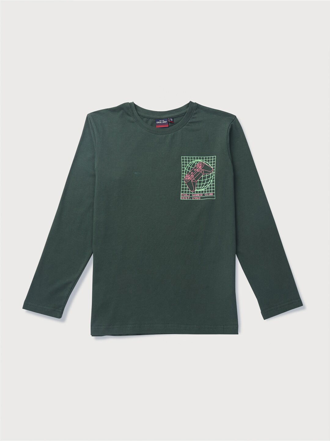 

Gini and Jony Boys Graphic Printed Round Neck Long Sleeves Cotton T-shirt, Green