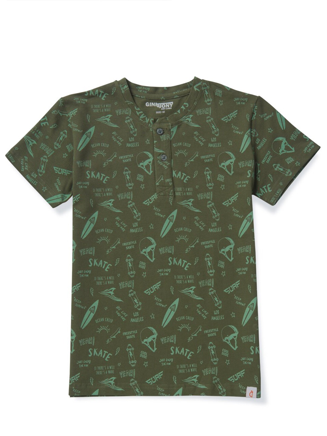 

Gini and Jony Boys Conversational Printed Henley Neck Cotton T-shirt, Olive