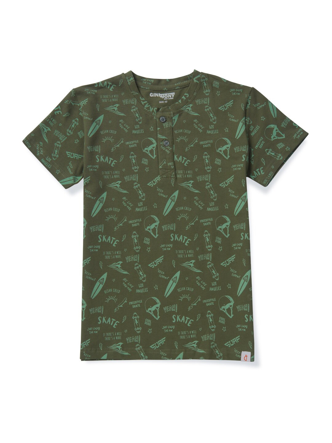 

Gini and Jony Boys Conversational Printed Henley Neck Cotton T-Shirt, Green