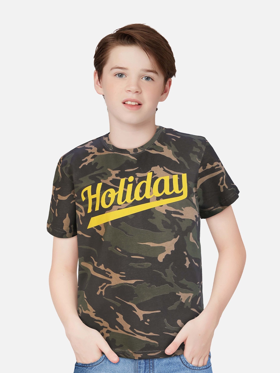 

Gini and Jony Boys Camouflage Printed Cotton T-Shirt, Olive