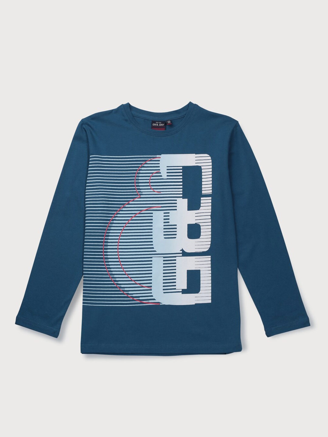 Gini and Jony Boys Striped Printed Cotton T-shirt, Blue