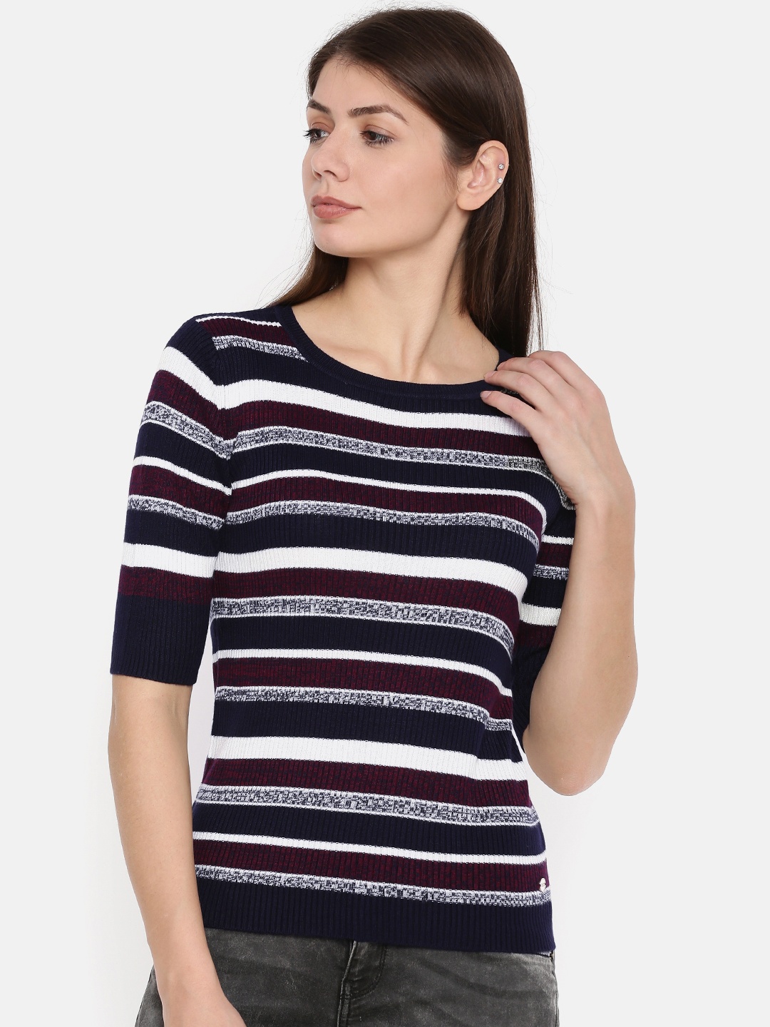 

U.S. Polo Assn. Women Women Navy Blue & White Striped Pure Cotton Top