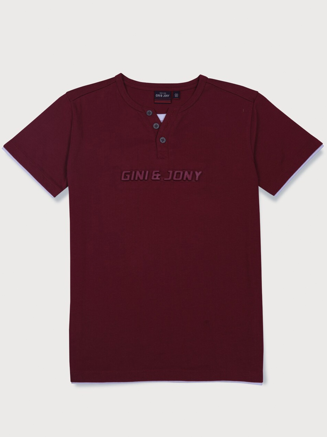 

Gini and Jony Boys Self Designed Henley Neck Cotton T-shirt, Maroon