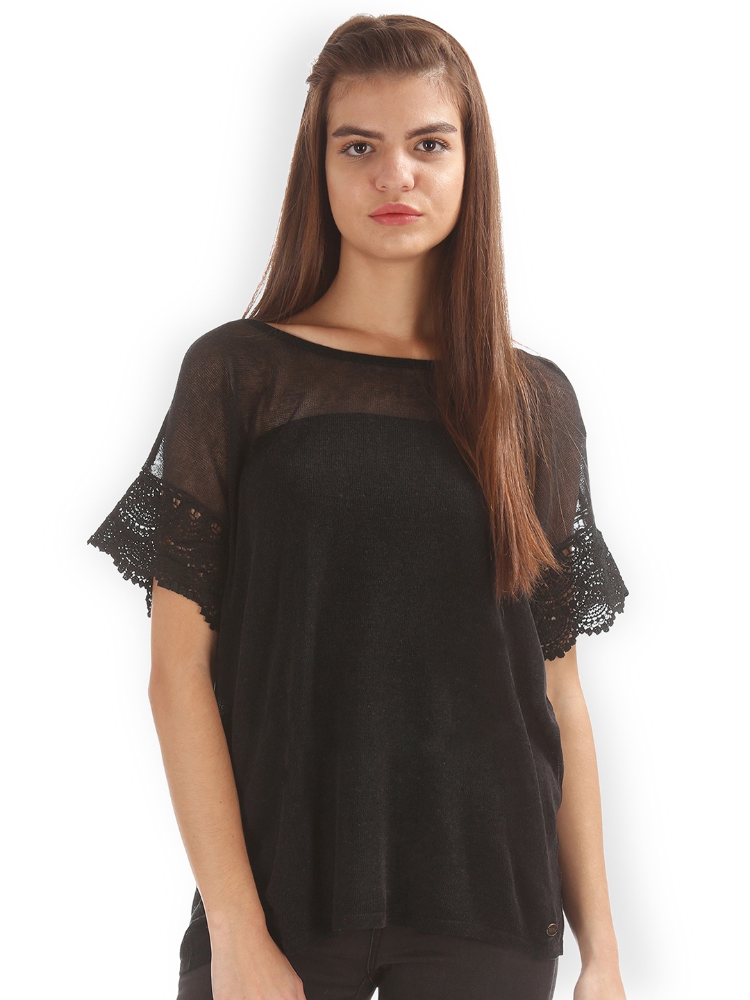 

U.S. Polo Assn. Women Women Black Solid Semi-Sheer Top