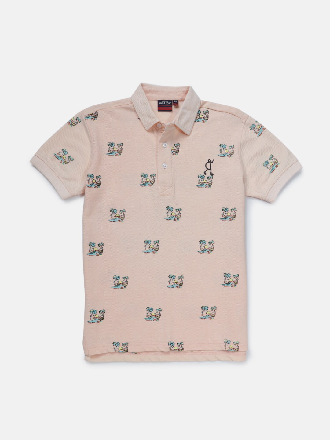 

Gini and Jony Infant Boys Conversaional Printed Polo Collar Cotton T-shirt, Peach