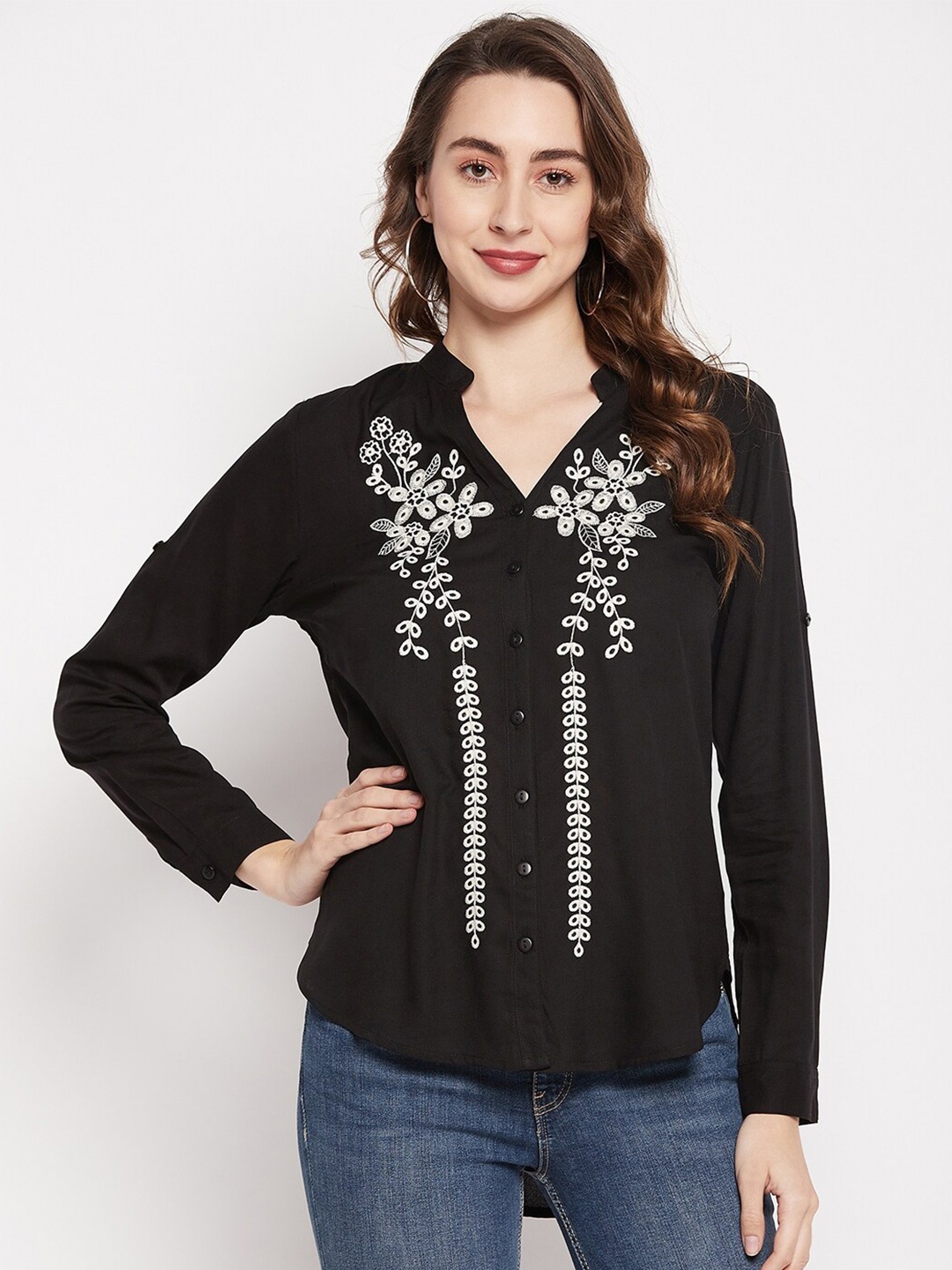 

Ruhaans Embroidered Mandarin Collar Roll-Up Sleeves Classic Casual Shirt, Black