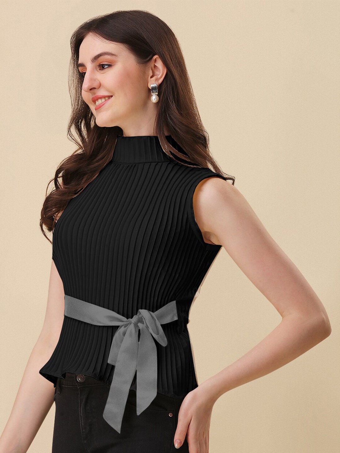 

Urban Luxe High Neck Self Design Satin Top, Black