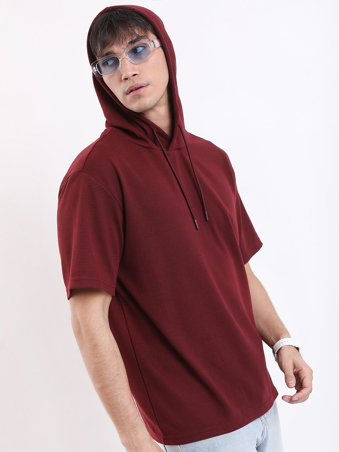 

KETCH Structured Hooded Drop Shoulder Sleeves Regular Fit T-shirt, Maroon