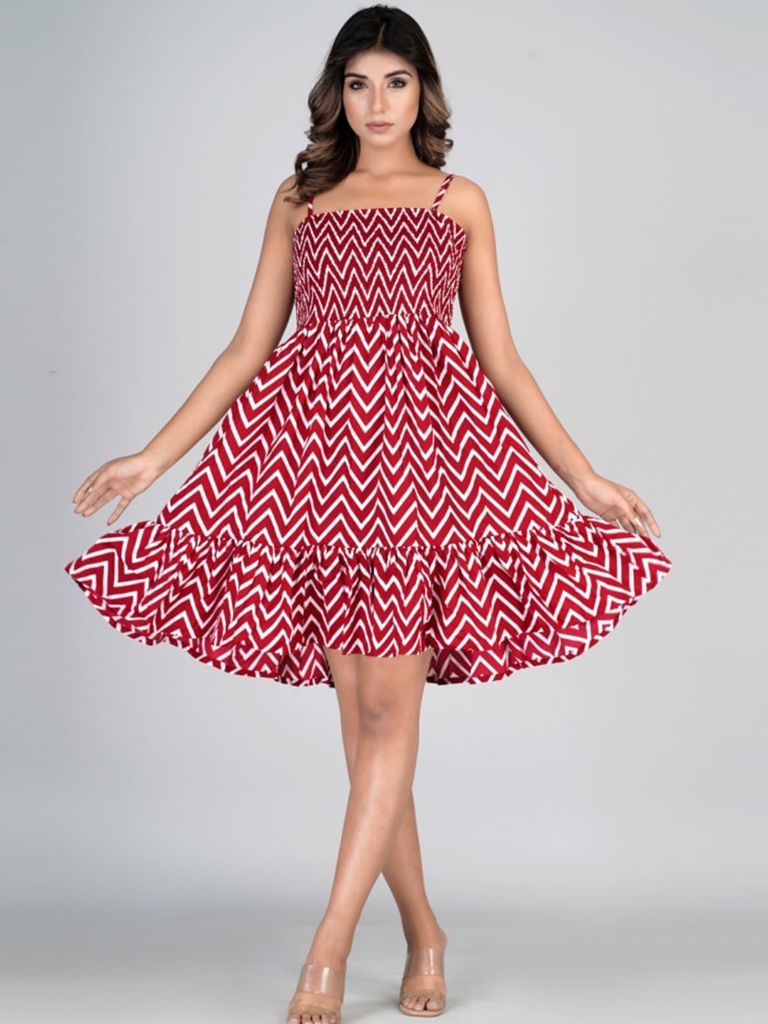 

HERE&NOW Chevron Printed Smocked Tiered Fit & Flare Dress, Red