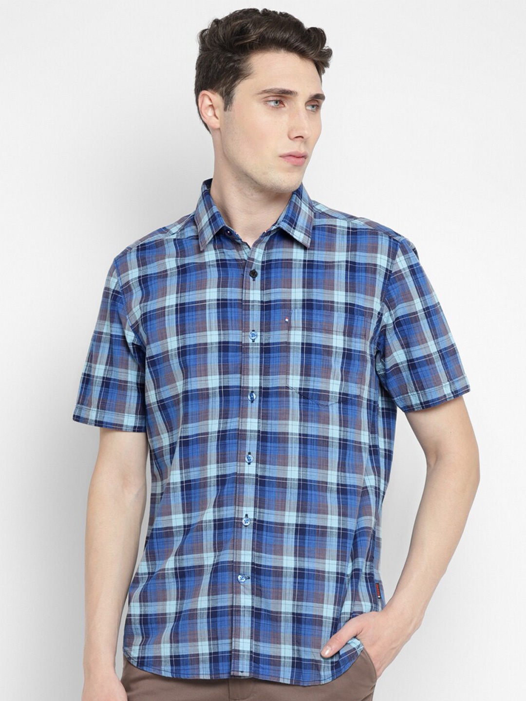 

Red Chief Tartan Checked Spread Collar Slim Fit Casual Shirt, Blue