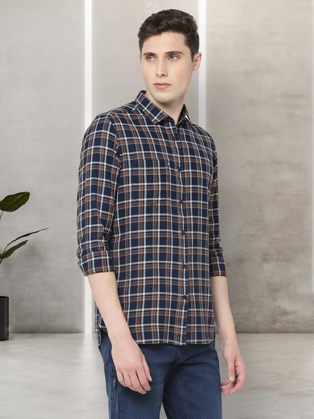 

Red Chief Slim Fit Tartan Checks Cotton Casual Shirt, Navy blue