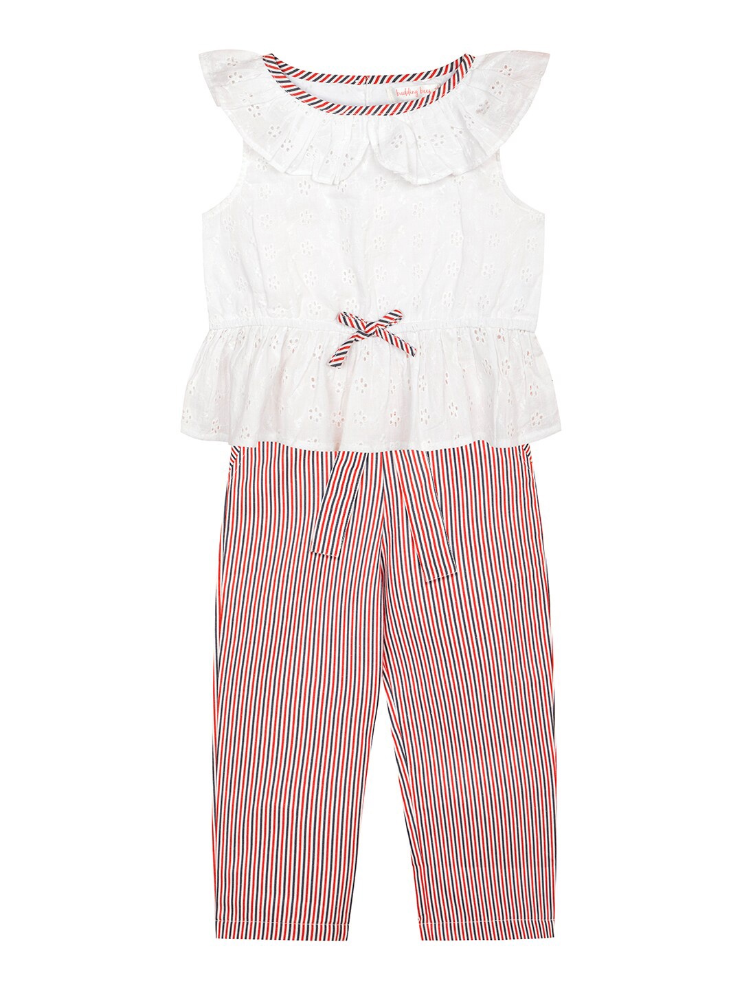 

Budding Bees Girls Schiffli Pure Cotton Top With Striped Trousers Set, White