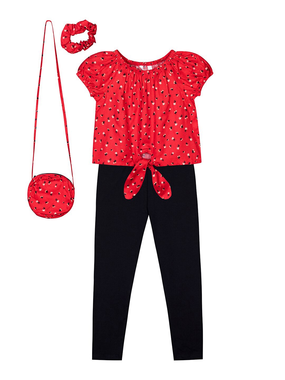 

Budding Bees Girls Printed Top With Trousers With Slings Bag And Rubber Bans, Red