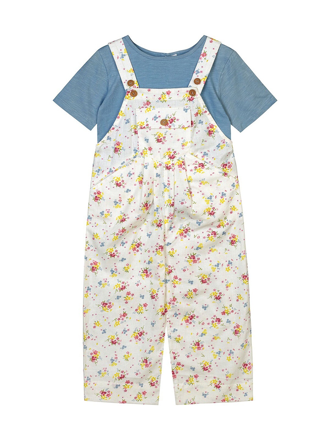 

Budding Bees Infant Girls Floral Printed Pure Cotton Dungaree With T-Shirt, White