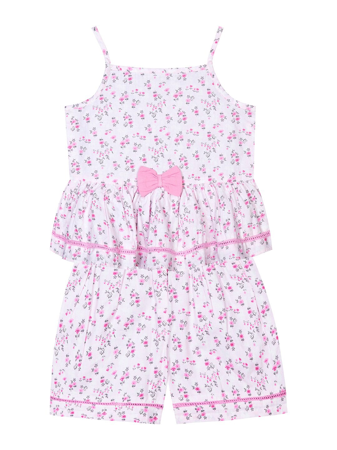 

Budding Bees Infant Girls Floral Printed Pure Cotton Top With Shorts Set, Off white