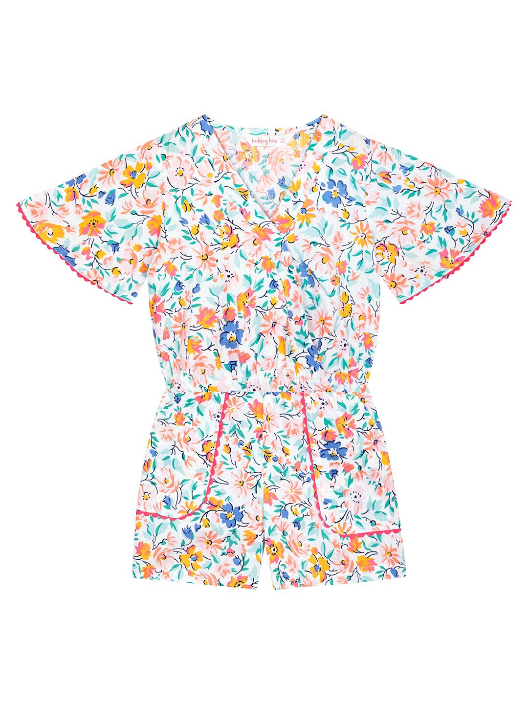 

Budding Bees Girls Printed Pure Cotton Top with Shorts, Off white