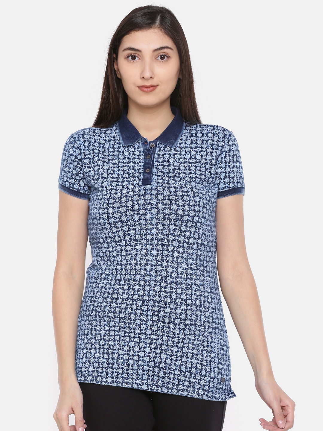

U.S. Polo Assn. Women Women Blue Printed Polo T-shirt