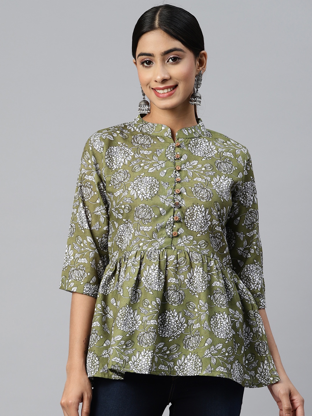 

WEAVETECH IMPEX Floral Print Mandarin Collar Ethnic Cotton Top, Green