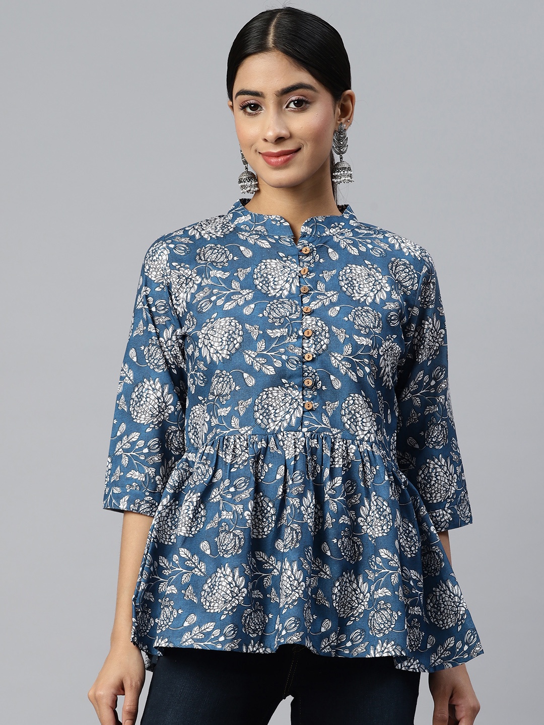 

WEAVETECH IMPEX Floral Print Mandarin Collar Ethnic Cotton Top, Blue