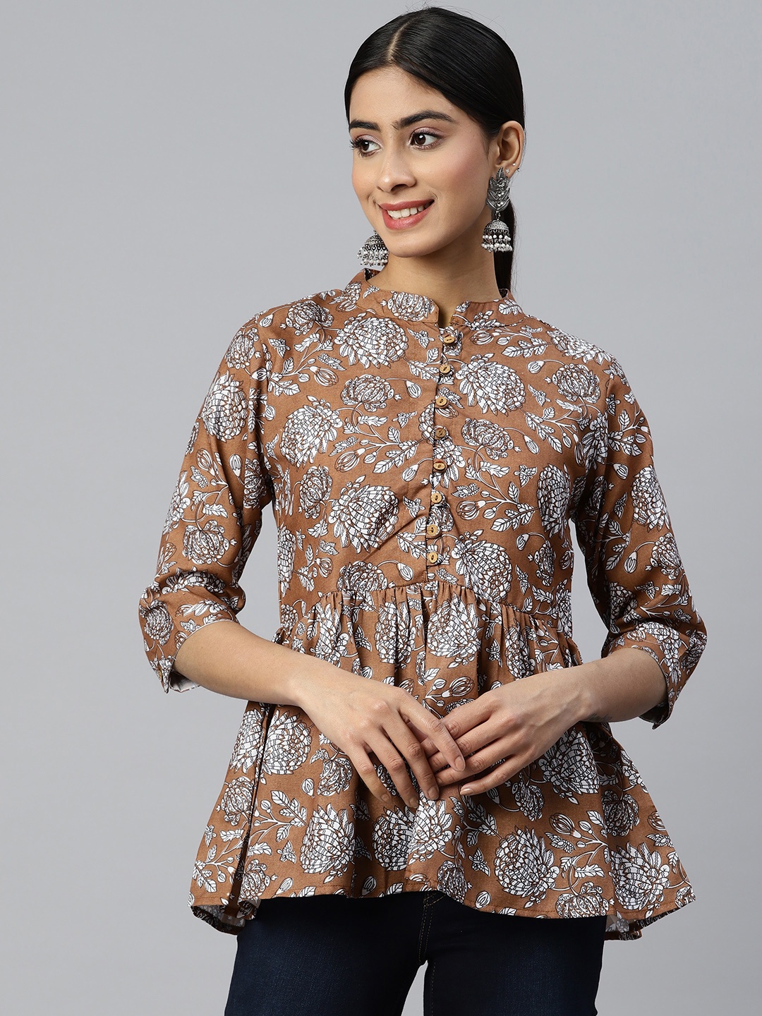 

WEAVETECH IMPEX Floral Print Mandarin Collar Ethnic Cotton Top, Brown
